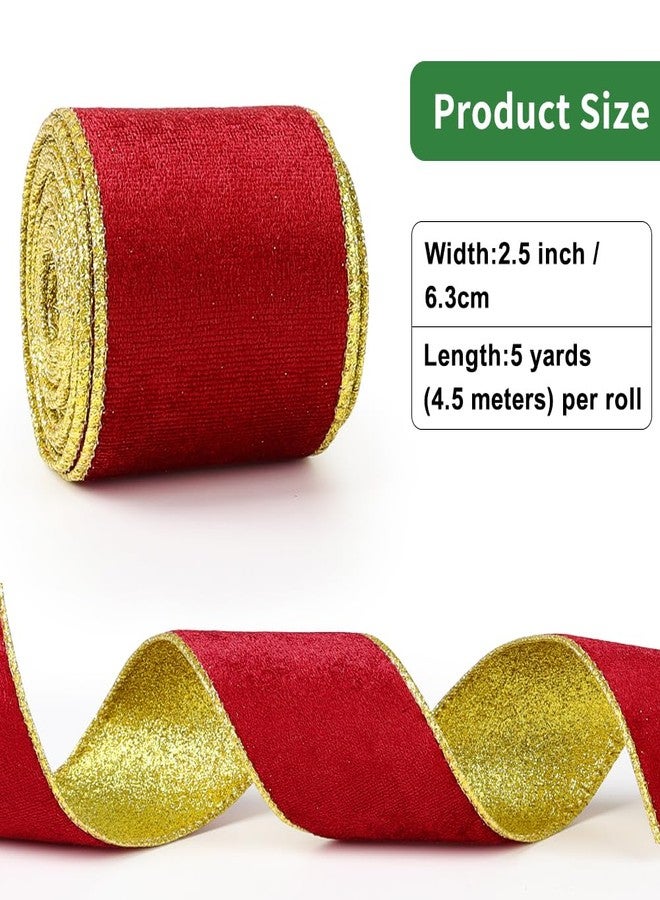 Tenn Well Red Velvet Wired Ribbon, Christmas Ribbon with Gold Metallic Glitter for Gift Wrapping Christmas Tree Decoration Topper Bows Making Wedding Decor Crafts Wreaths Supplies（2.5 Inch x 10 Yards） - Image 2
